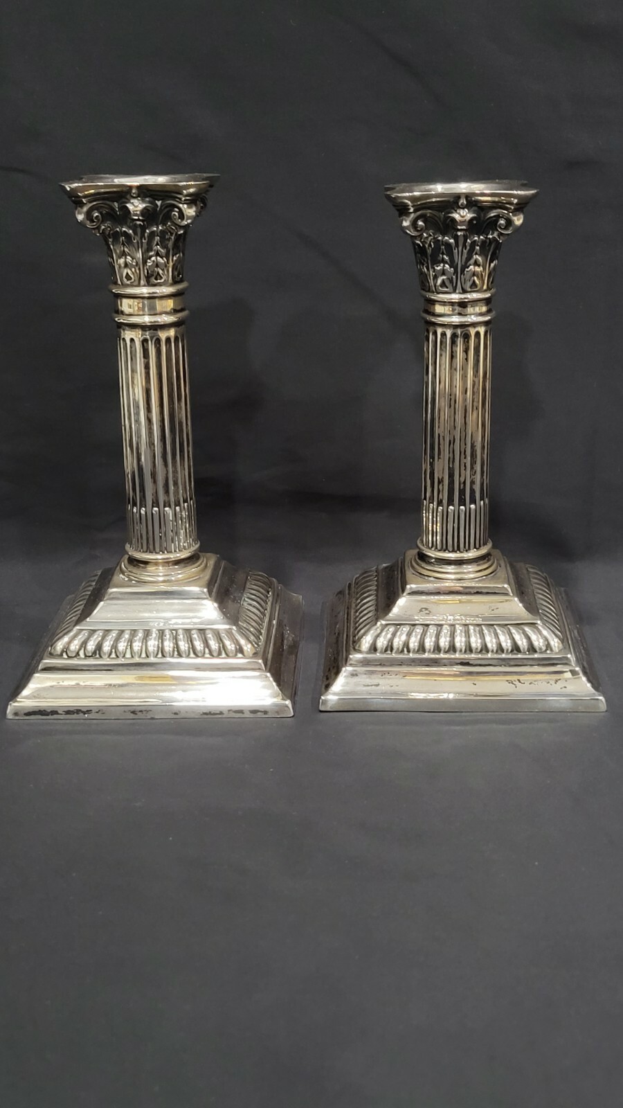 Two of Antique German Gebruder Deyhle 800 silver column candle sticks, 19th C.