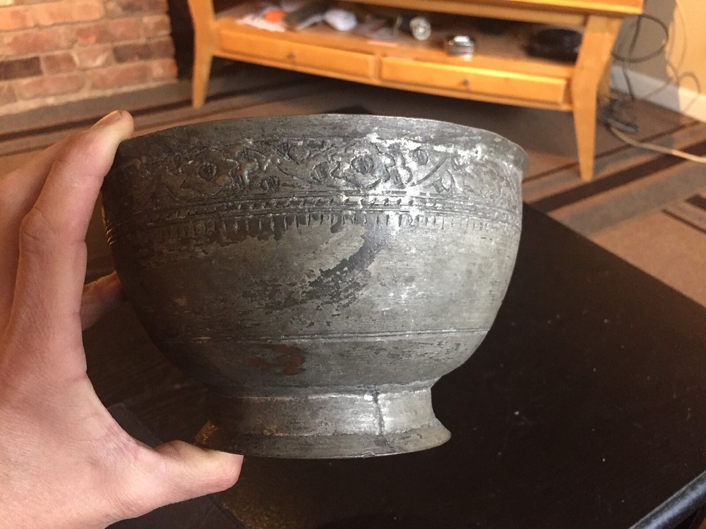 Antique Middle Eastern Footed Tinned Copper Bowl Hand Hammered Design