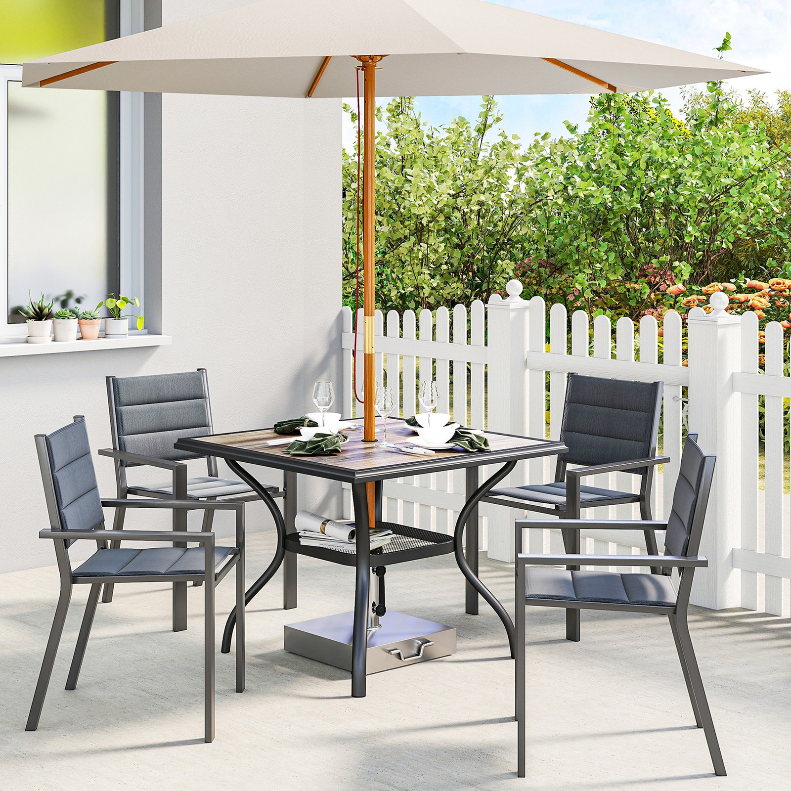 Outsunny Outdoor Dining Table, 37" Square Patio Table with Umbrella Hole
