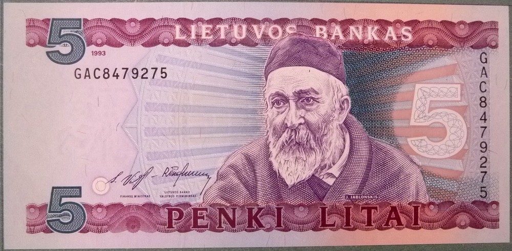 LITHUANIA 5 LITAI UNC  NOTE FROM 1993, P55, RARE