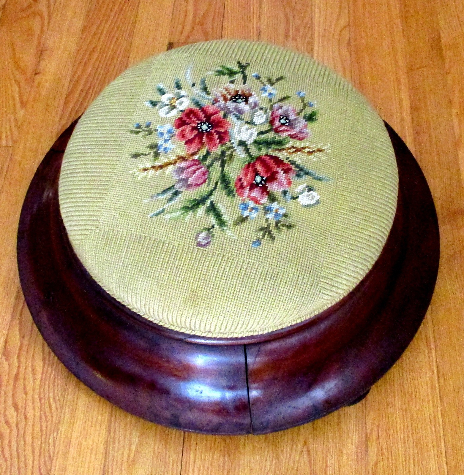 Antique Victorian Empire Pink Needlepoint Round Footstool Ottoman Mahogany