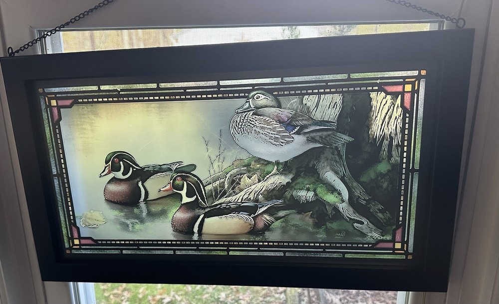Hand Painted 13”X23”Hanging Window Panel w 3 Mallards BEAUTIFUL!