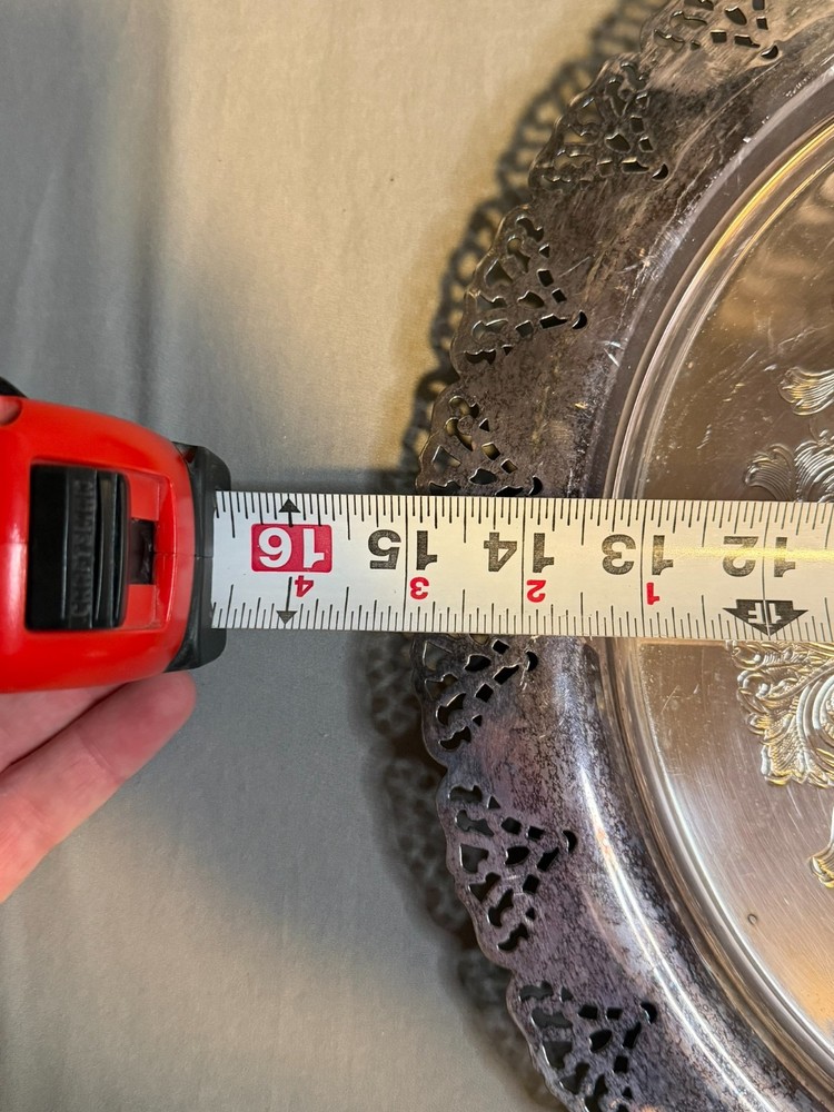 Vintage Silverplate Serving Tray Pierced Rim Etched Floral 15” Oval