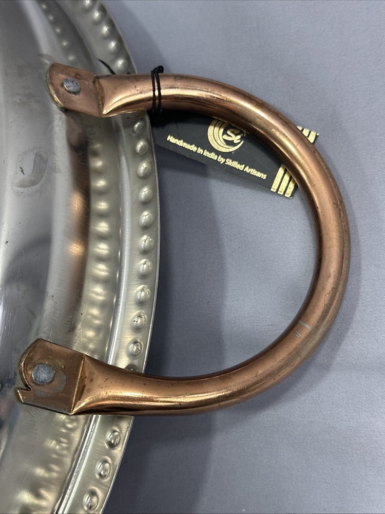 Vintage Large 16.5” Silverplate Silver Round Serving Tray w/Copper Handles India