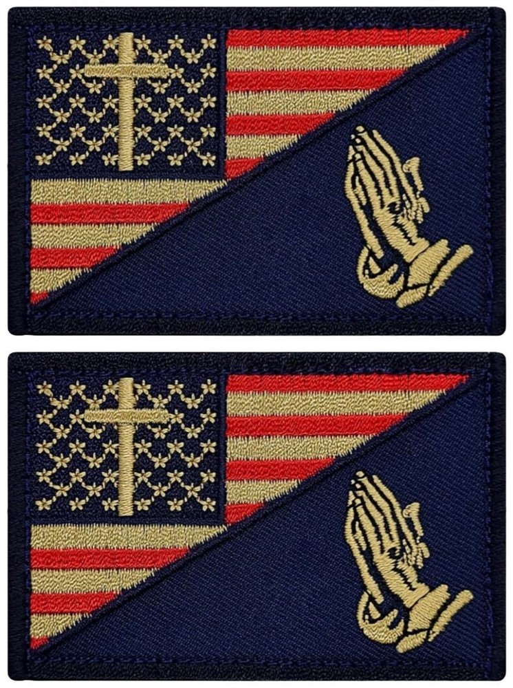 Praying Hand Cross USA Flag Subdued Patch ||2PC Hook Backing  3"x2"