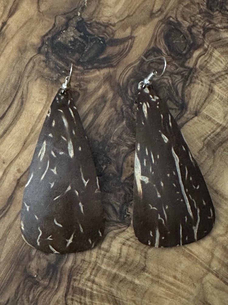 Coconut Curved Triangle Brown Dangle Silver Tone Hook Earrings