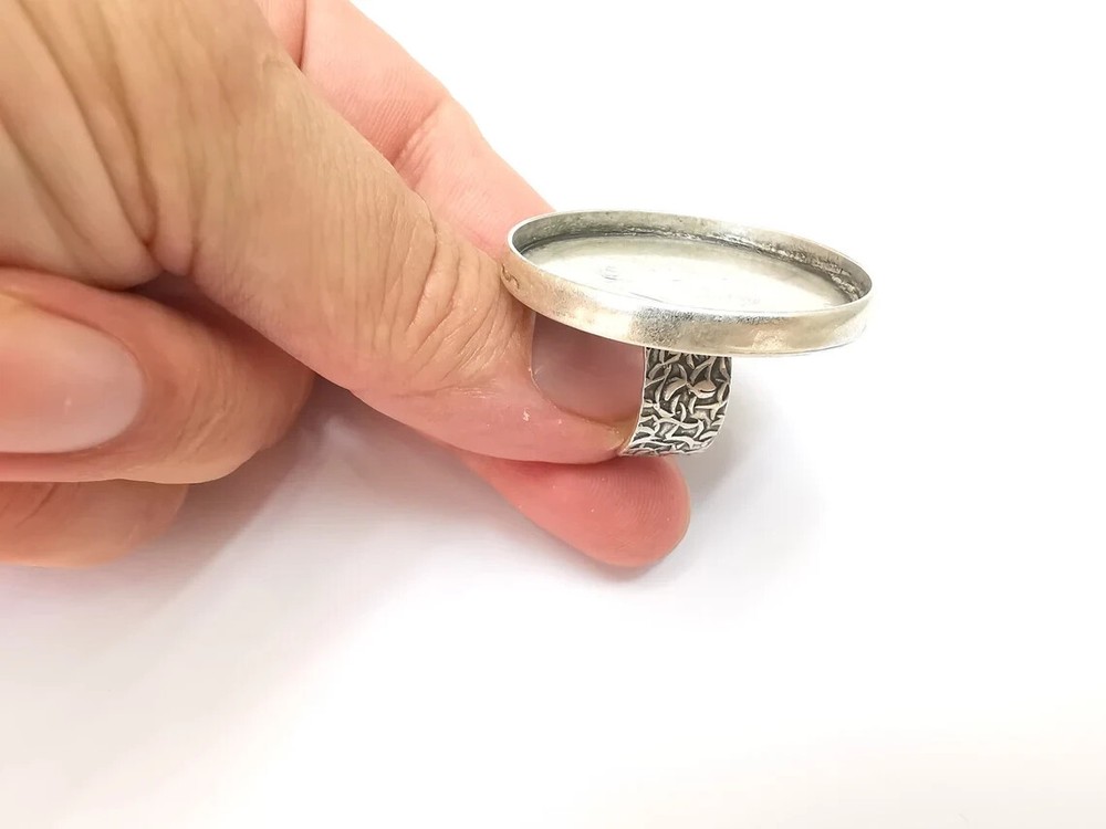 Round Antique Silver Ring Blank Setting, Cabochon Mounting, Adjustable Resin
