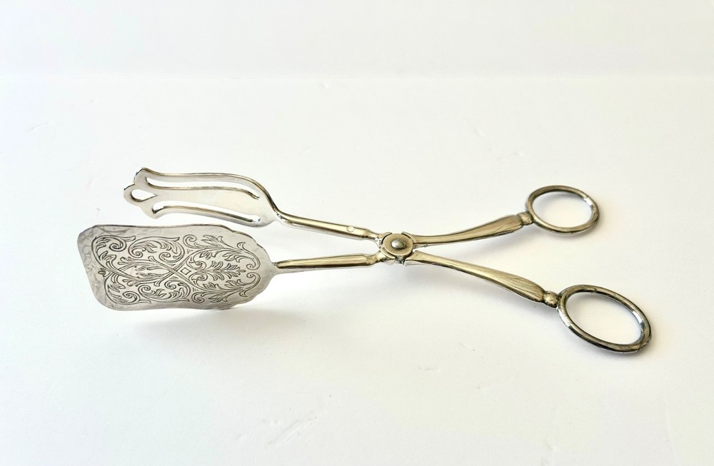 Vintage Silver-Plated Scissor Pastry Serving Tongs Ornate EP Zinc Italy