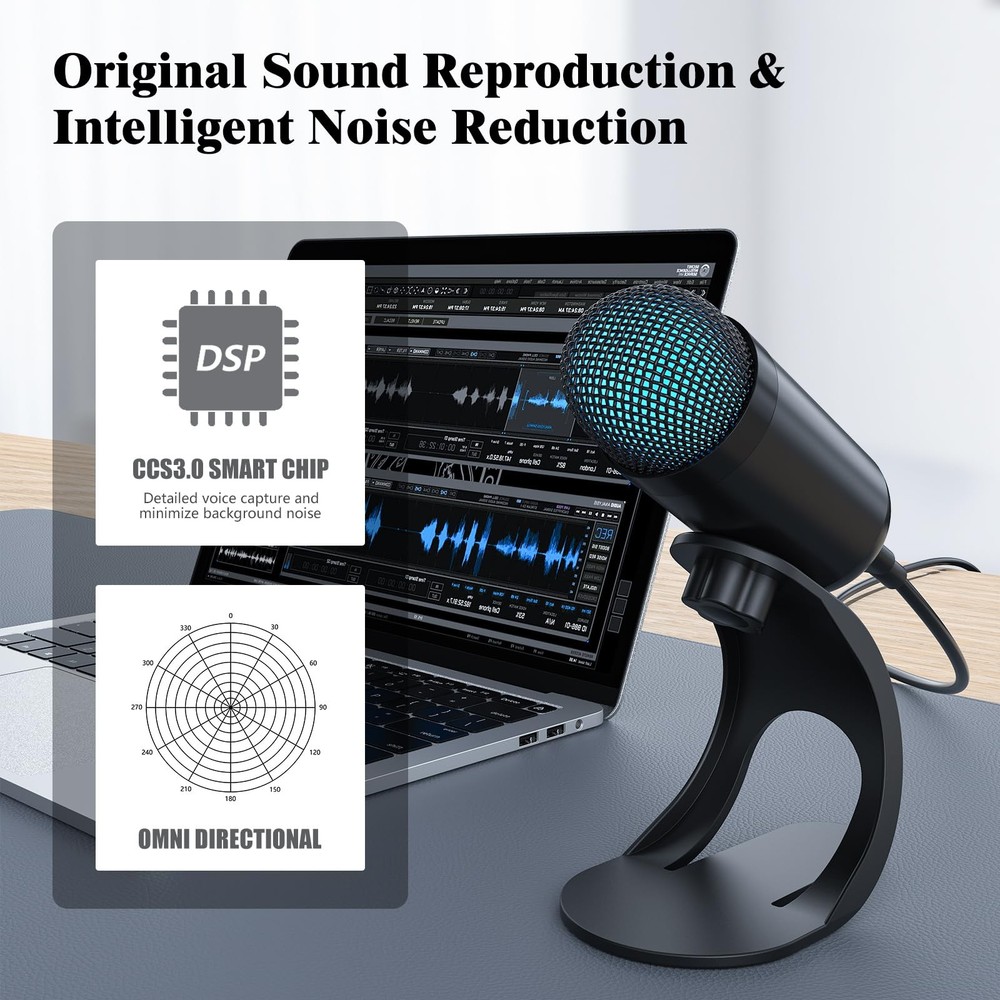 USB Computer Microphone, Podcast Mic Desktop with Mute Button for Recording S...