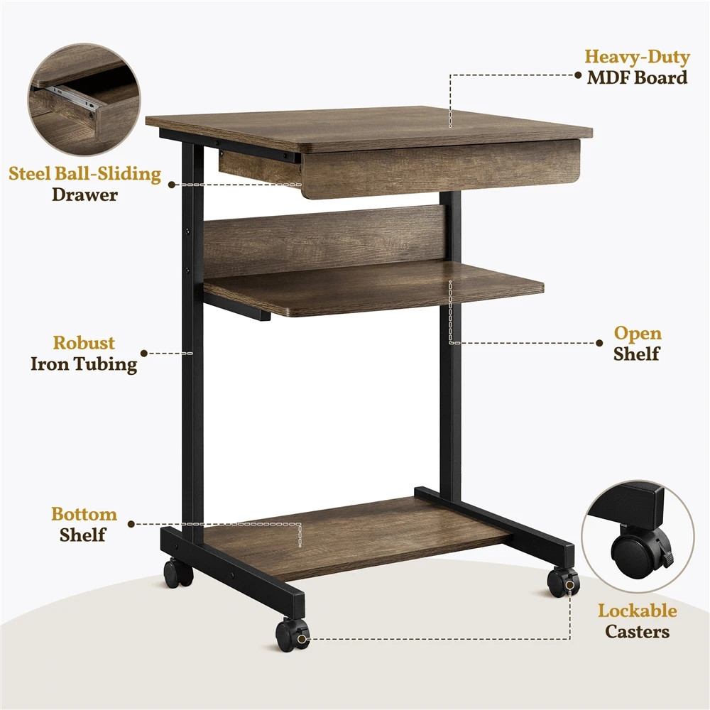 1PC Modern Portable Rolling Computer Desk Table With Drawer For Work Study