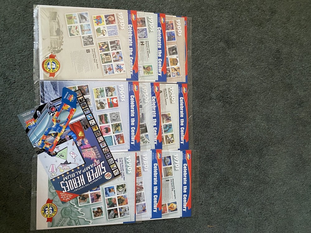 9 celebrate the century stamp sets with super hero stamp album and 3-D glasses