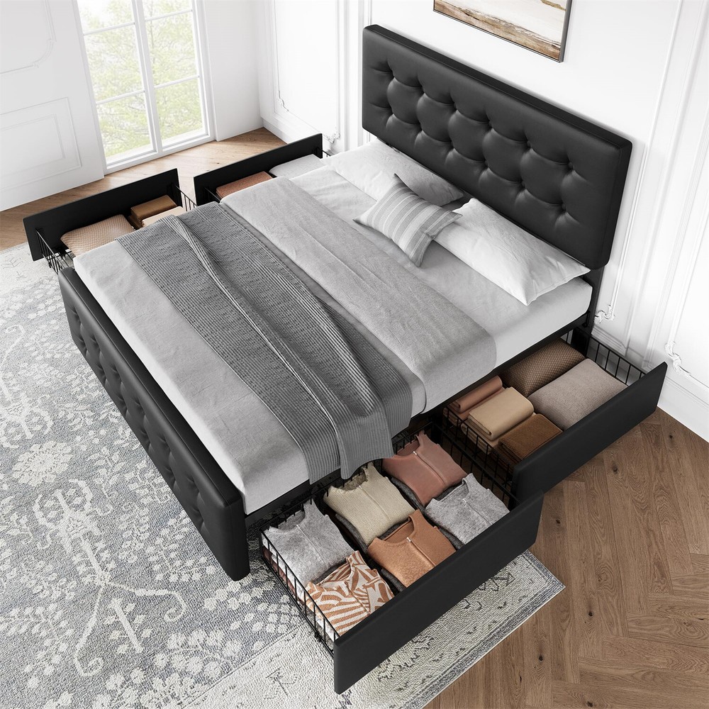 ✅Full Size Bed Frame with 4 Storage Drawers and Headboard Upholstered Platform