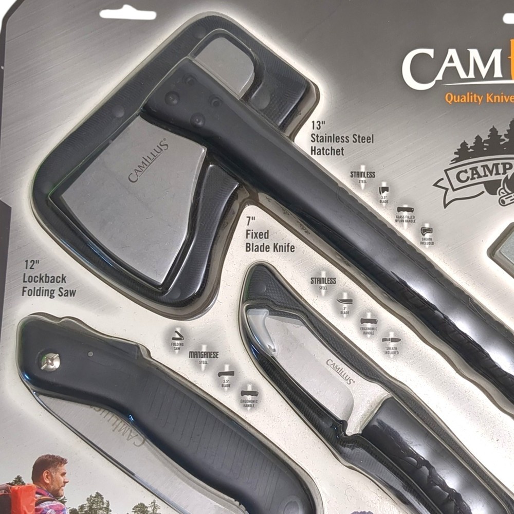 Camillus Multi-Tool Camp Pack, 4-Tools, 13" Hatchet and Sheath, 7" Fixed Bladed