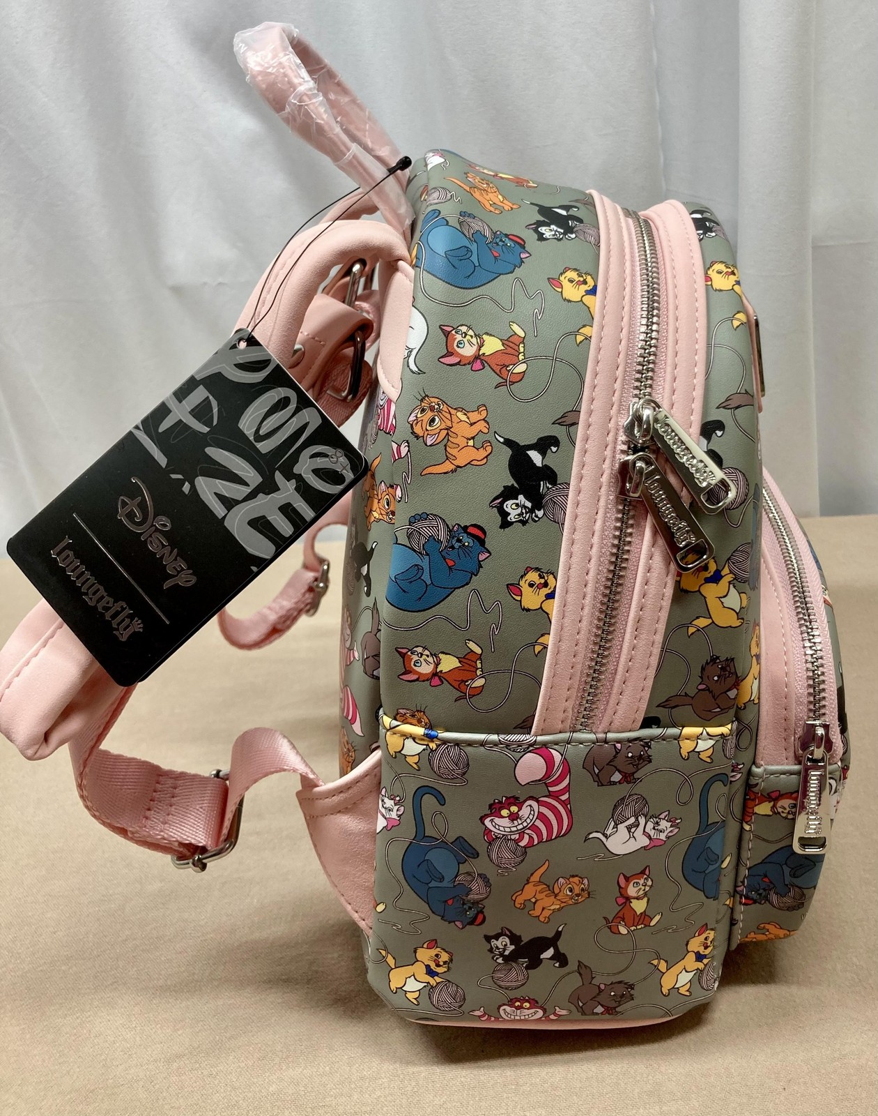 Disney Loungefly Cats Kittens Yarn Allover Print Mini Backpack Pink Gray NWT