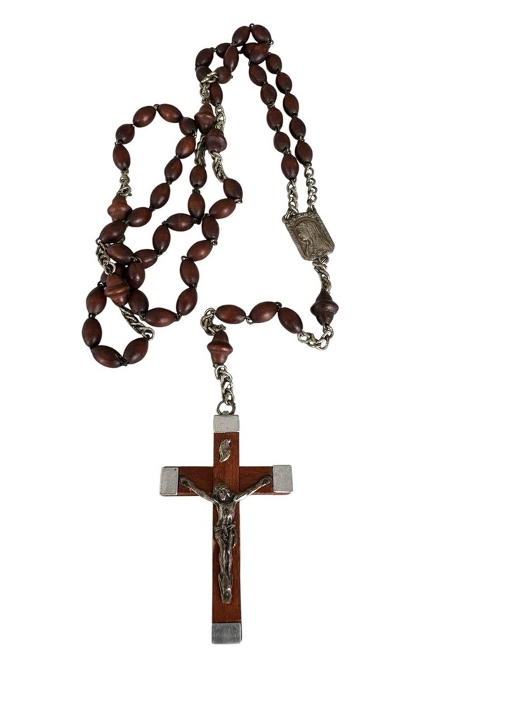 RARE French Lourdes Rosary Prayer Wood Beads Mary Jesus Crucifix Holy Vail