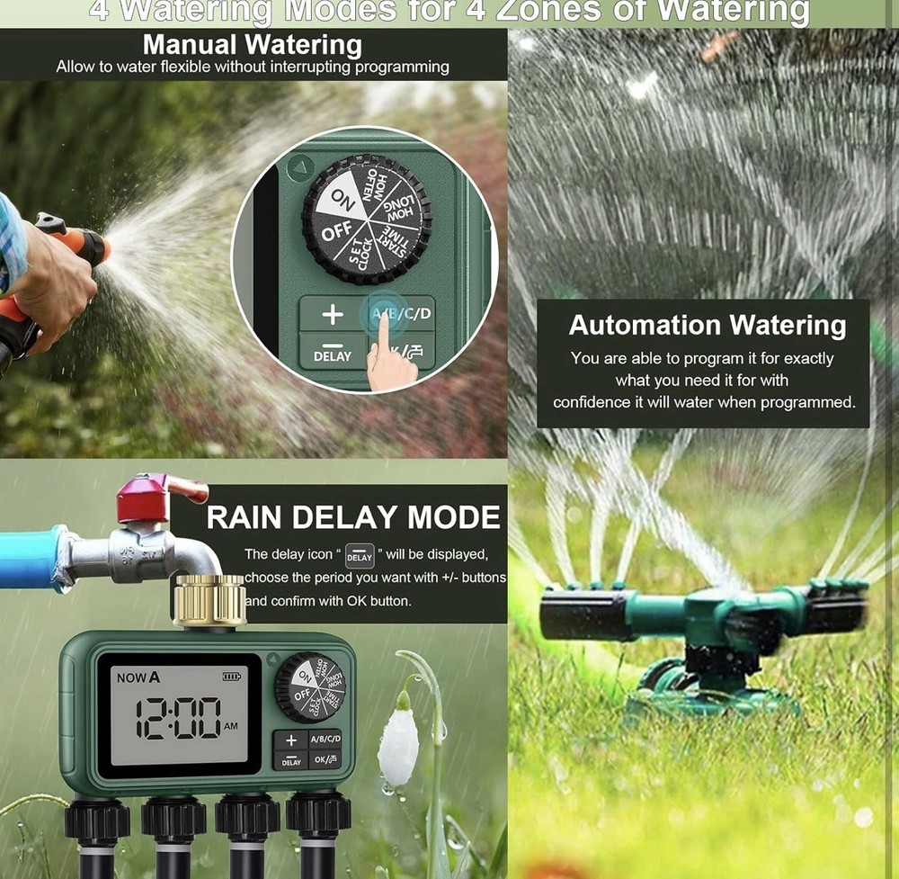 4 Outlet Sprinkler Timer Brass, Programmable Garden Hose Timer with Rain Delay,