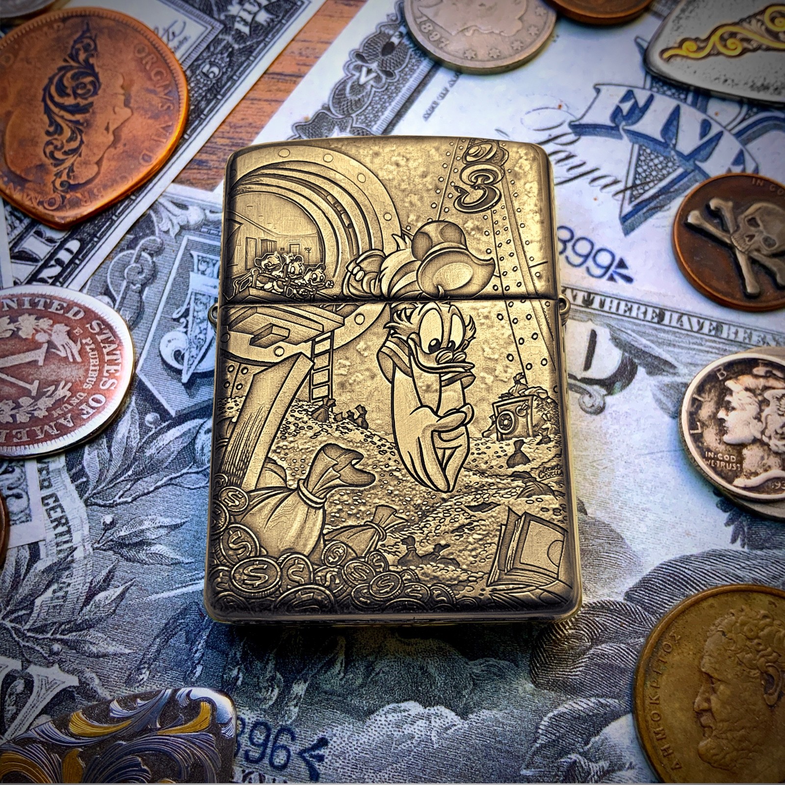 Zippo “Scrooge McDuck” Themed Engraved Brass Armor Cigarette Lighter Ebenezer