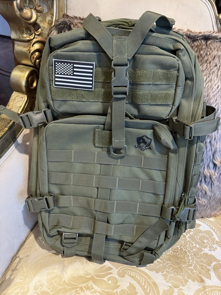 USCCA Tactical Backpack Green MOLLE American Flag Patch Adjustable Straps