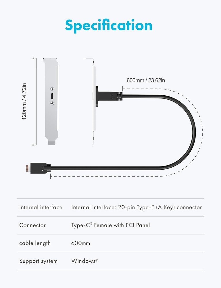 GRAUGEAR 20Gbps USB 3.2 Gen 2x2 USB-C Front Panel Type-C Adapter, Silver