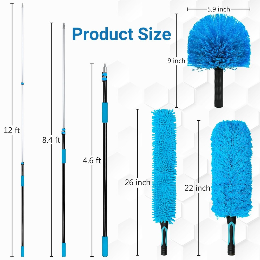 20FT High Ceiling Fan Duster with 5-12FT Extension Pole, Extendable Reusable ...