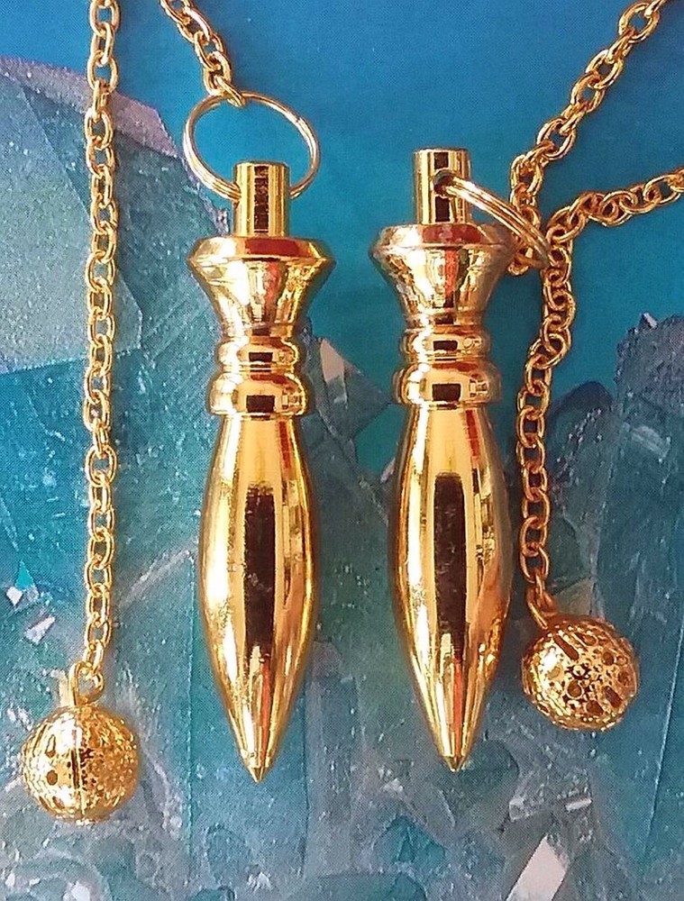 2 LARGE GOLD ISIS DESIGN DOWSING PENDULUM, GOLD PENDULUM SET