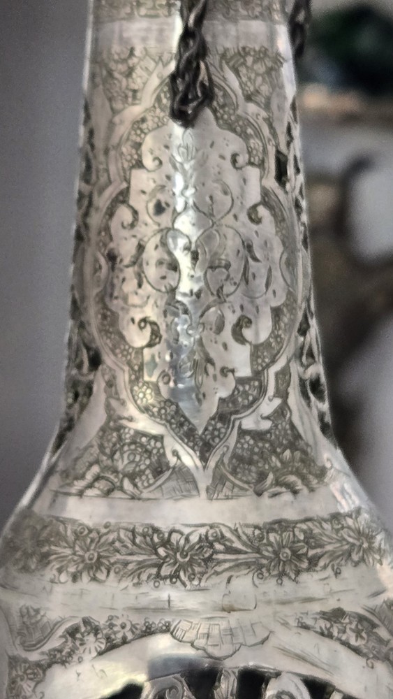 EXCEPTIONAL ANTIQUE PERSHIAN QAJAR SILVER BOTTLE DECANTER OPEN WORK