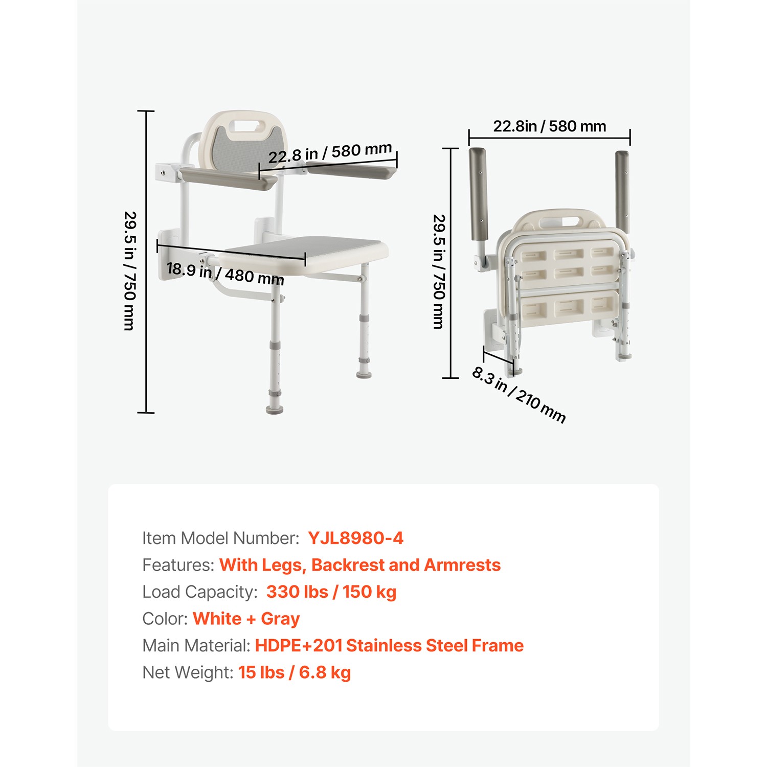 Uimoso Foldable Shower Chair Wall Mounted Shower Seat with Backrest & Armrest