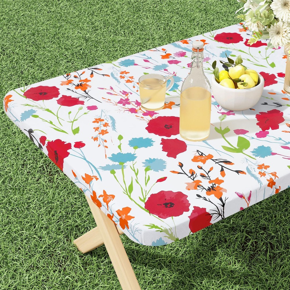 Rectangle Vinyl Tablecloth, Fitted Table Cover, 100% Waterproof, Elastic Edge...