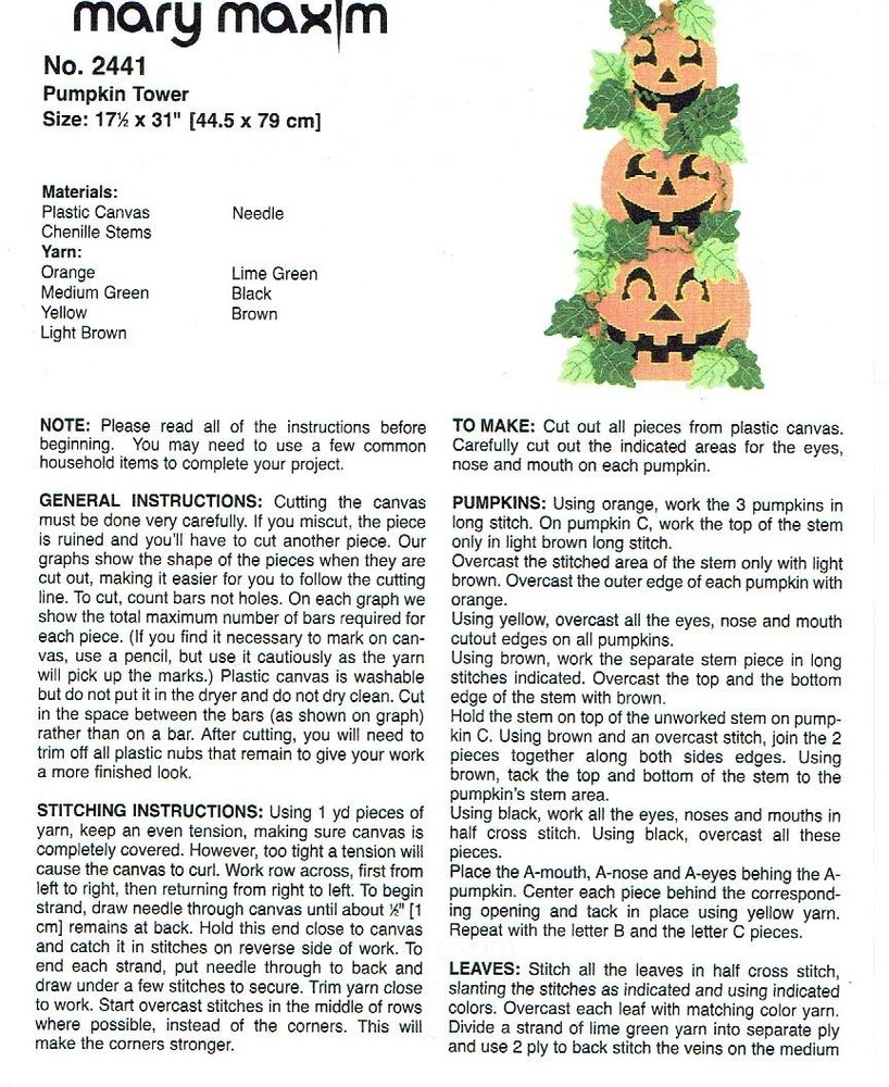 PUMPKIN TOWER WALL HANGING  plastic canvas  PATTERN (#TF0520)