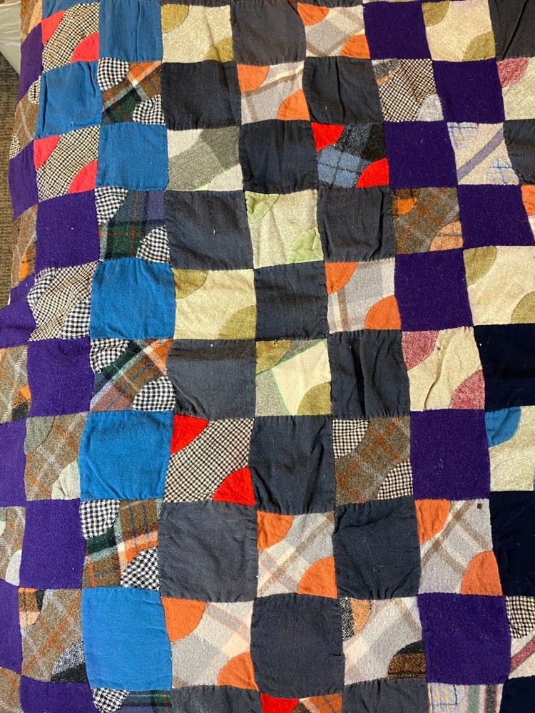 1920s Wool Quilt Drunkard’s Path Variation Antique Patchwork Blanket Heavy 80x65