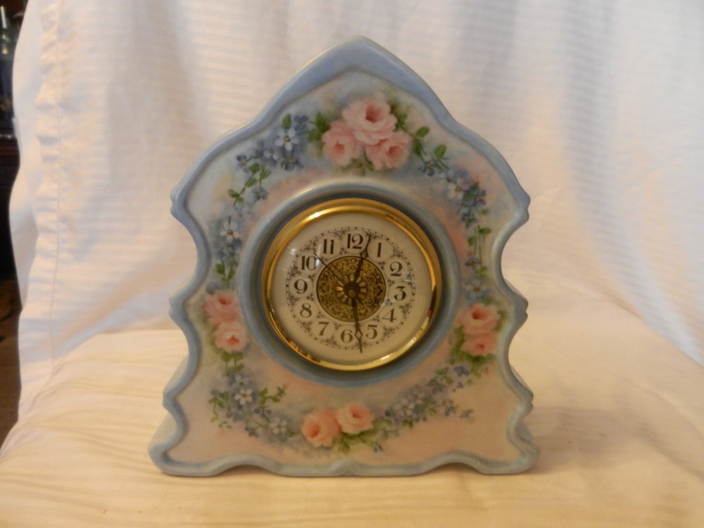Hand Made Ceramic Quartz Clock Tree Shape, Blue with Flowers by Jeane Balcom