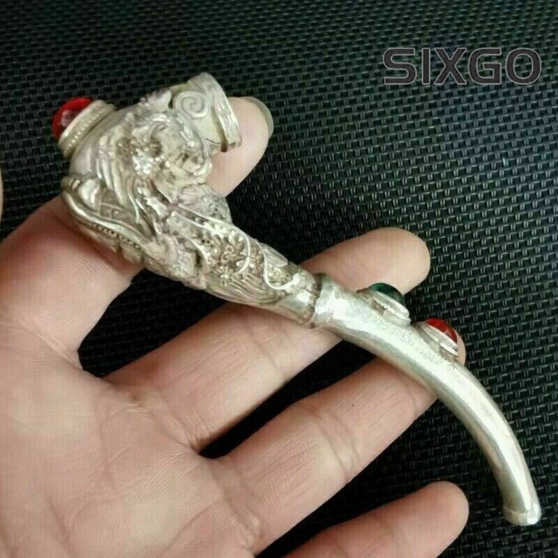 Old Chinese tibet silver hand-carved Dragon phoenix inlay gem pipe Smoking tools