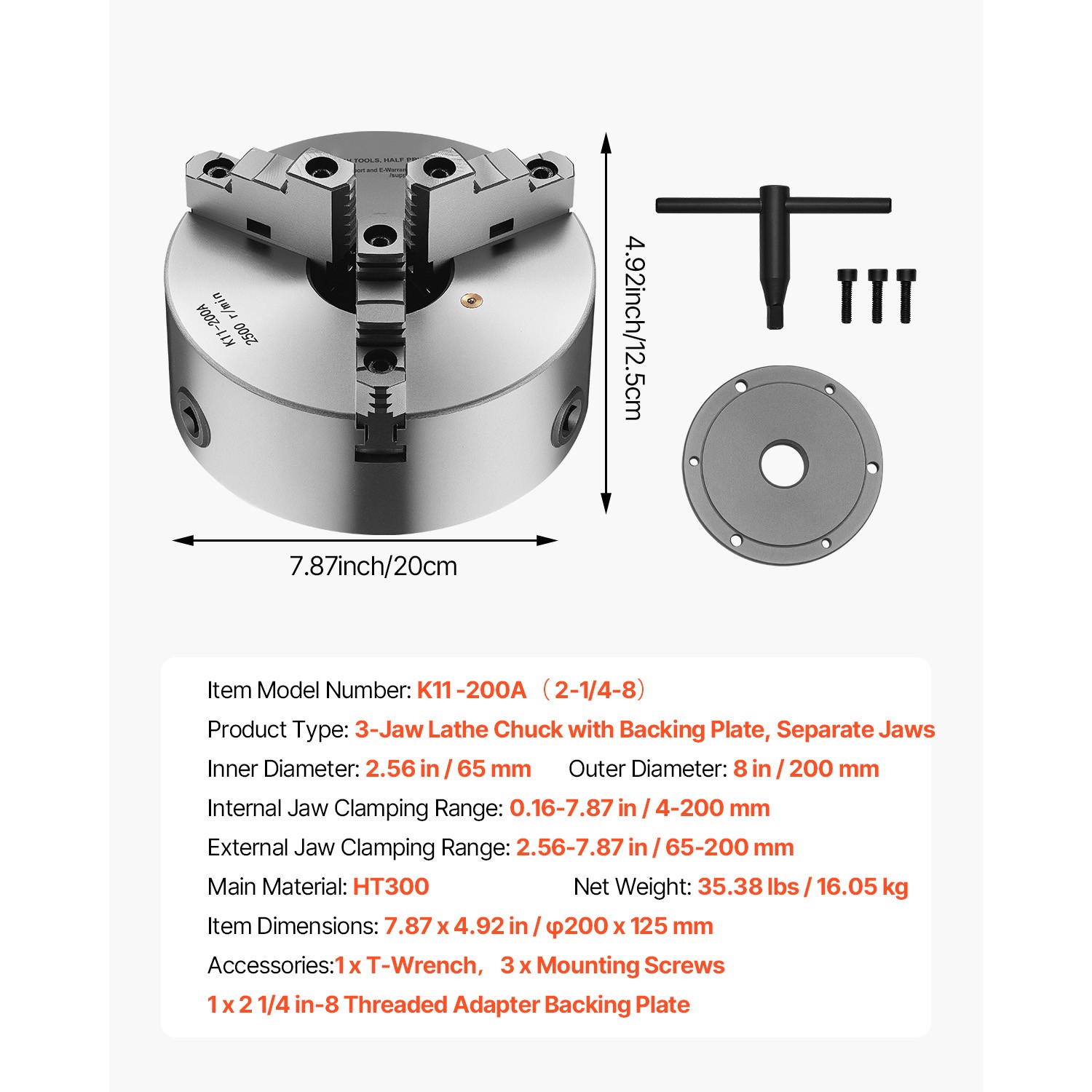8 Inch 3-Jaw Self-Centering Lathe Chuck with 2 1/4 in-8 Threaded Backing