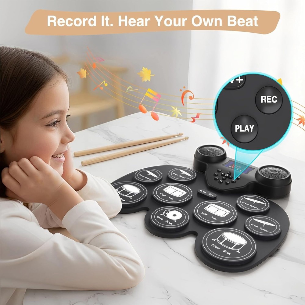 Electronic Drum Kit Featuring 9 Pads, Bluetooth MIDI, and Dual Speakers
