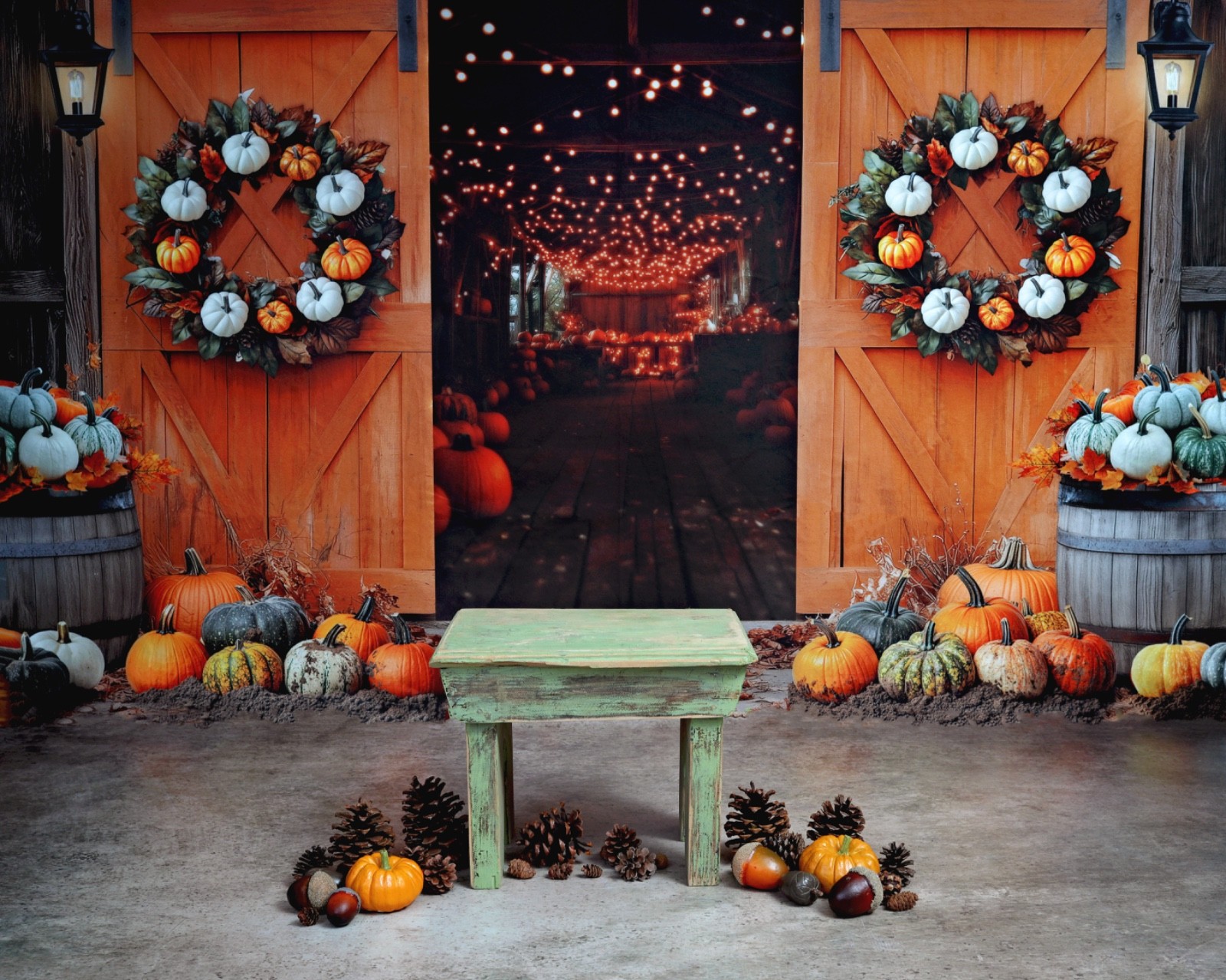 HSD Fall Barn Doors & pumpkins 7x5 royal fleece Backdrop for photography