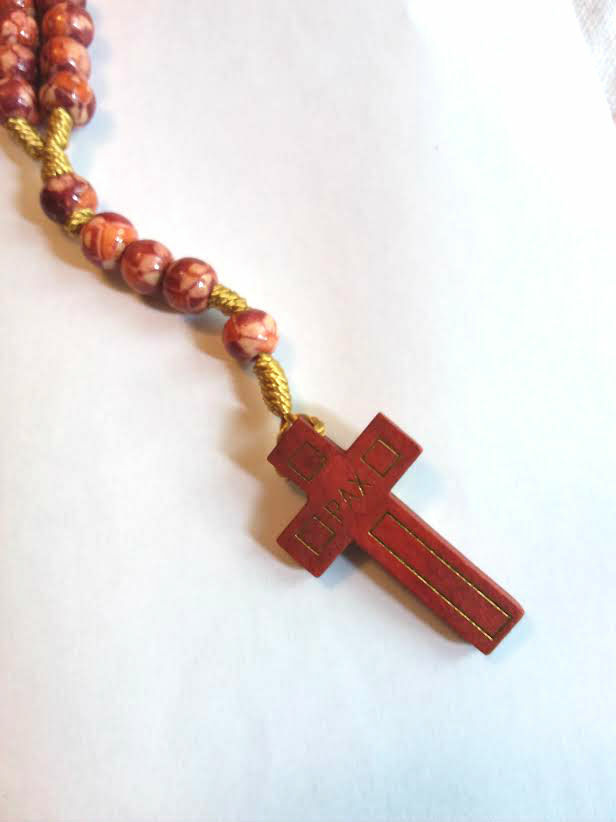 Burgundy Marbelized Wood Bead Rosary, Hand-Threaded, Sturdy 15"