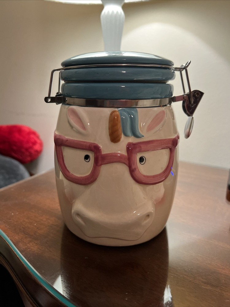 Unicorn:Hinged Earthenware Teal Blue Jar Today will be Magical