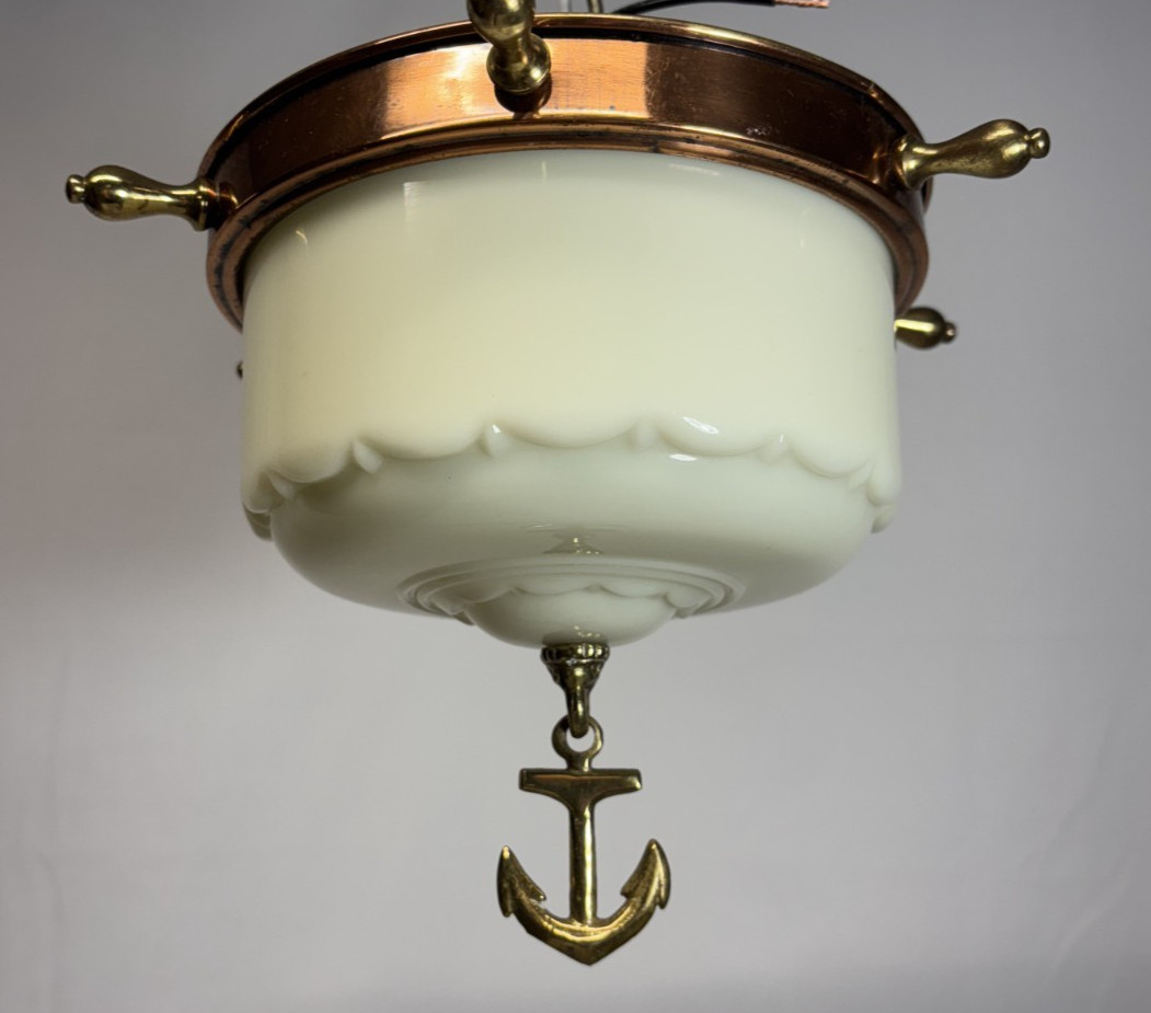 Vtg Nautical Light Fixture MCM Brass Anchor Closet Custard Art Glass Shade #L60