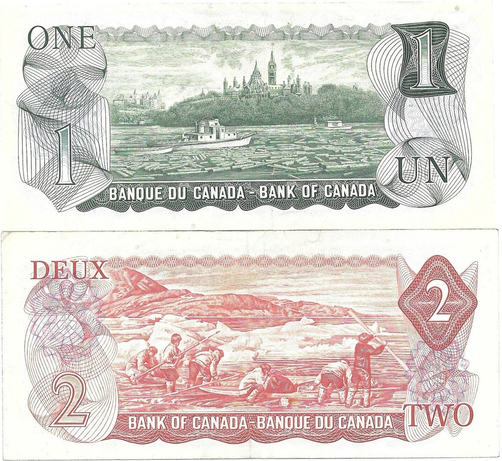 2 Different Canada Notes 1974 $2, and 1973 $1, Circulated