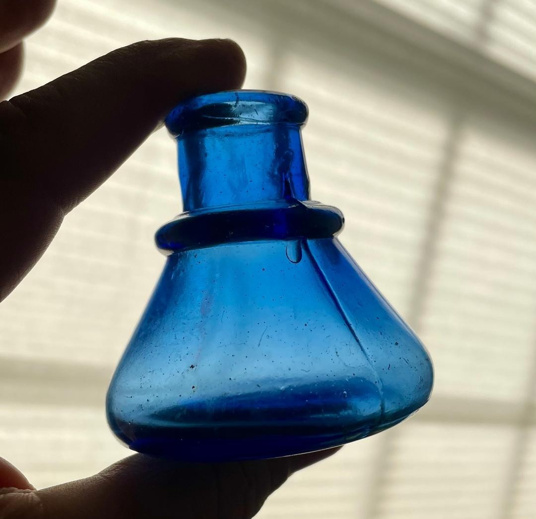 Beautiful Cobalt Blue Cone Ink Well Hand Blown 1880s -90s Writing School Teacher