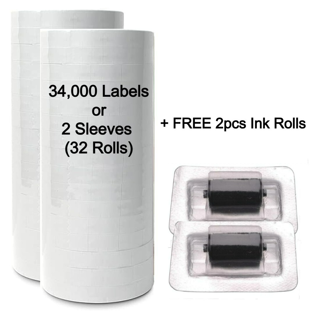 34,000 White Price Labels (32 Rolls) for Monarch 1110, 1105, 1107 +FREE Ink Roll