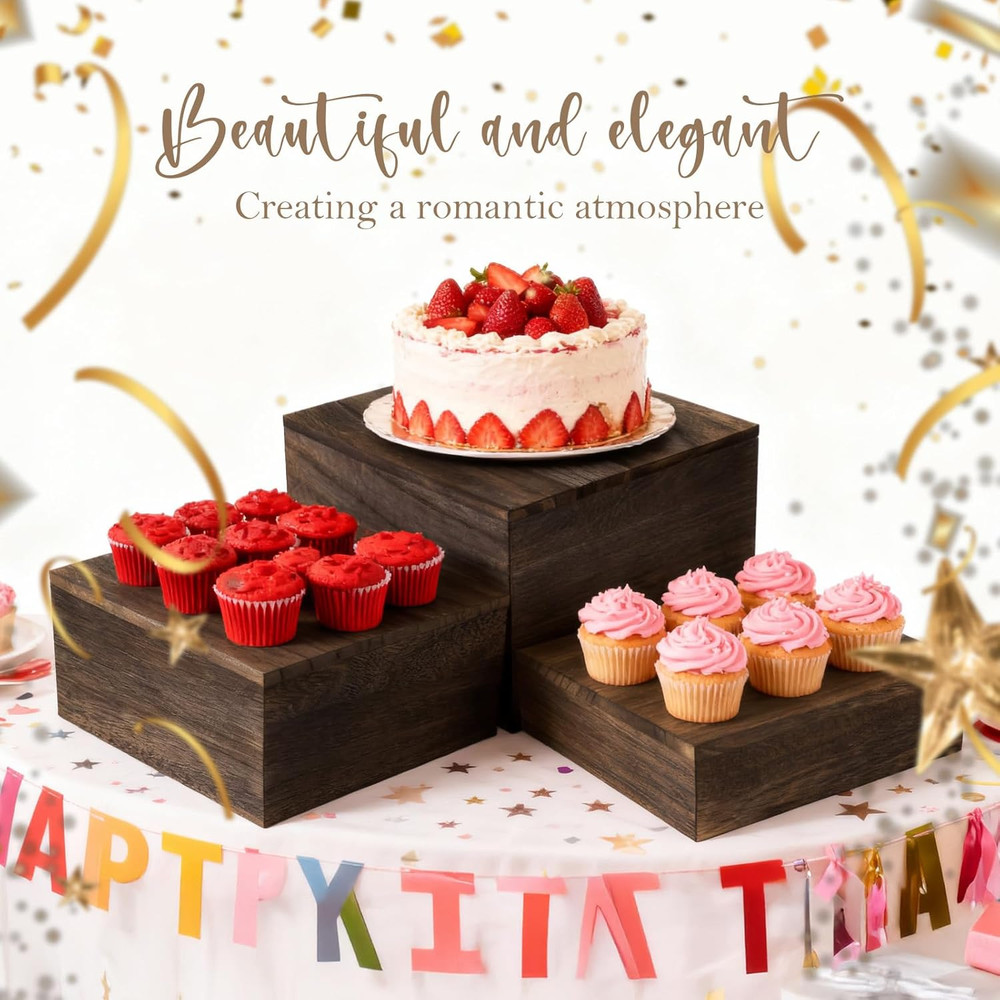 Wooden Display Risers Set - 6 Pcs Stackable Rustic Stands for Events and Decor