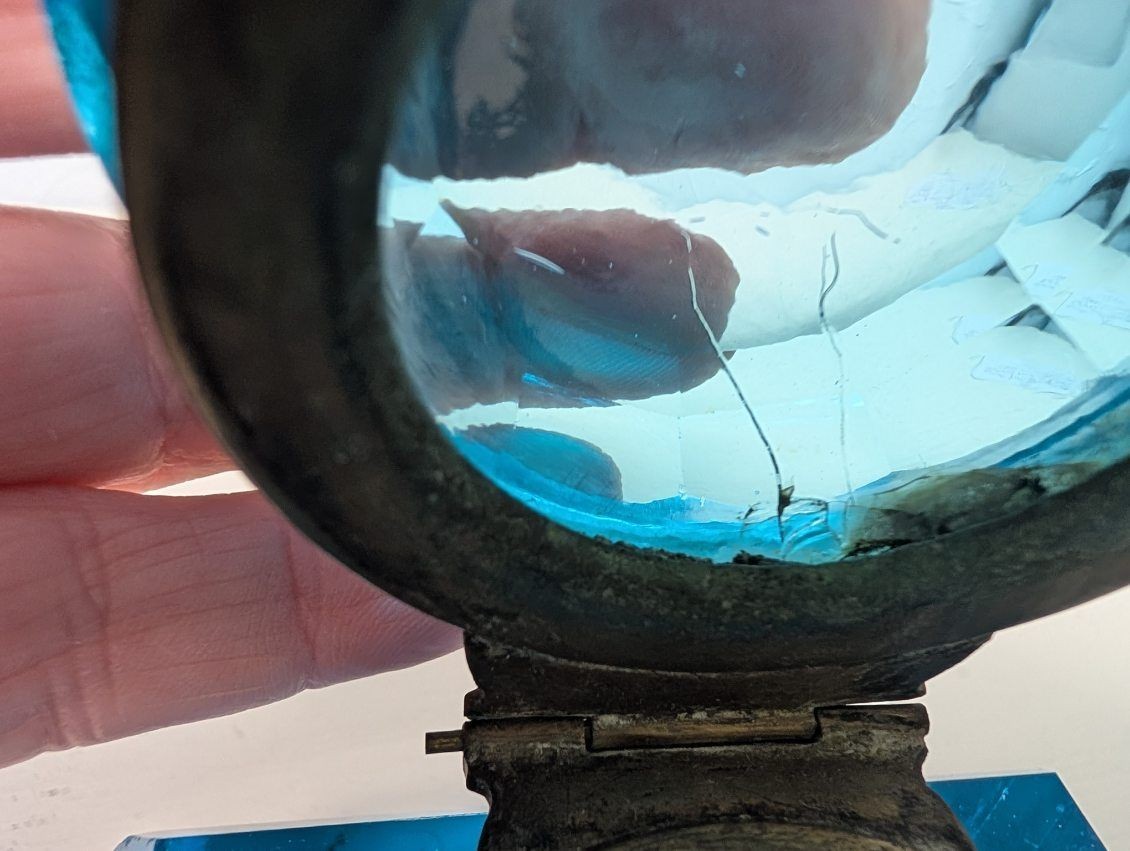 Antique Peacock Blue Glass Ink Well 1880s. Hand cut crystal.