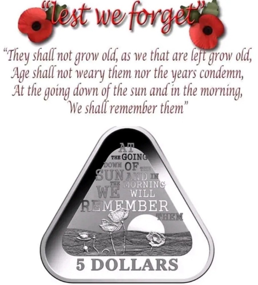 2014 $5 ANZAC Day LEST WE FORGET Triangular 22.23 Grams Silver Proof Coin.