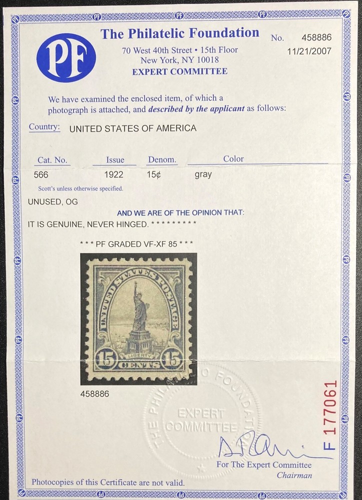 #566, Mint Never Hinged, PF Graded 85, PF Certificate # 458886