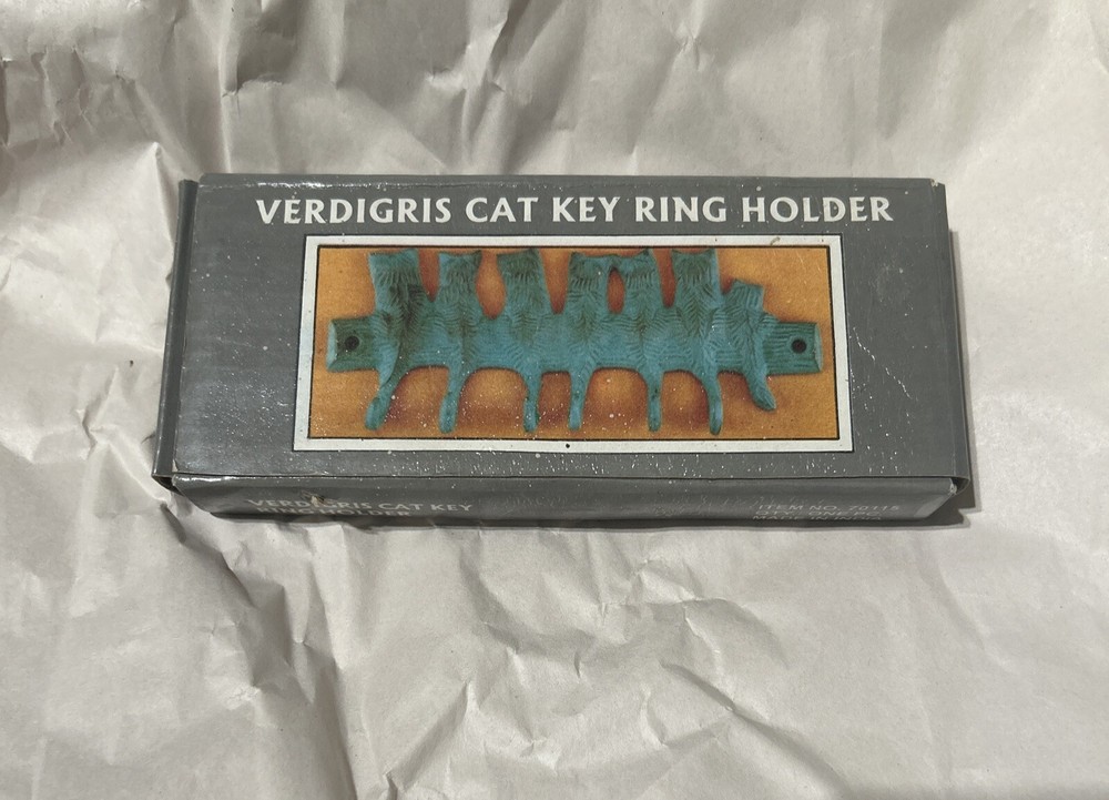 VERDIGRIS Cat Key RING Holder 6 Hooks (NEW In Box) Solid BRASS India