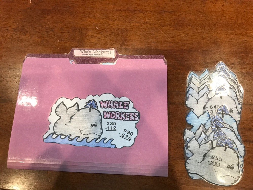Whale Workers! 3digit subtraction  Grade 2nd math file folder game teacher
