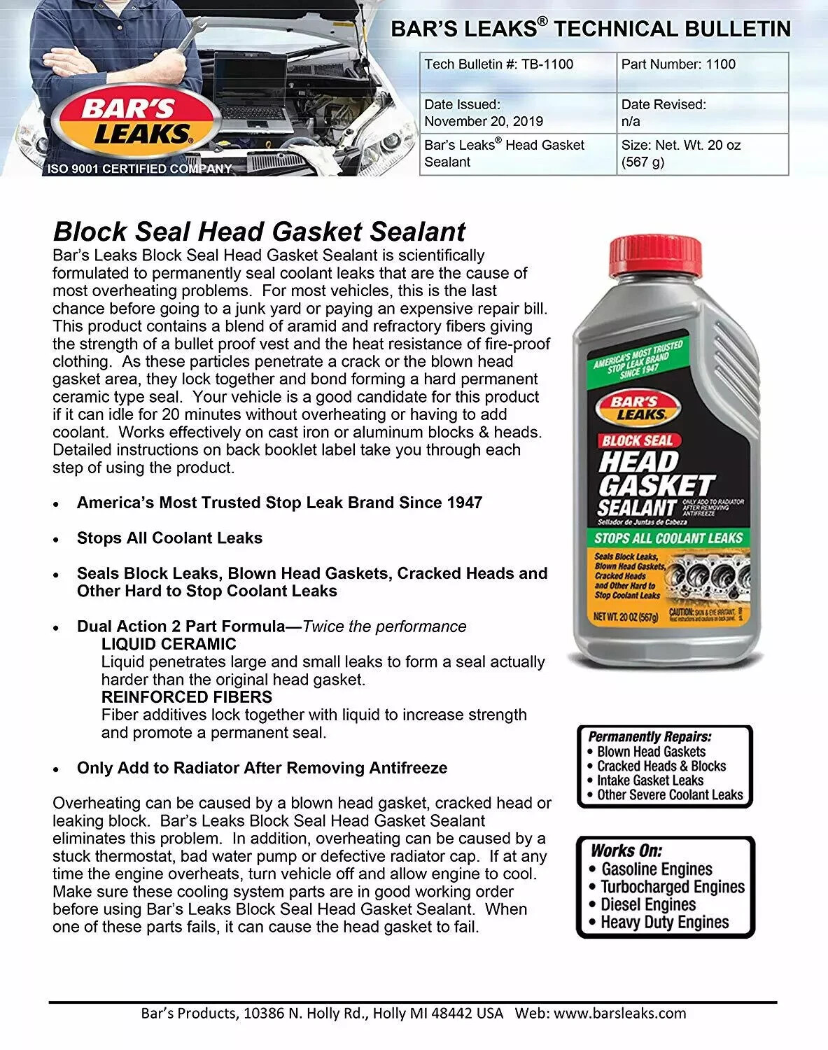 NEW! Bar's Leaks LARGE 20 oz Head Gasket Sealant Repair -Stops all coolant leaks