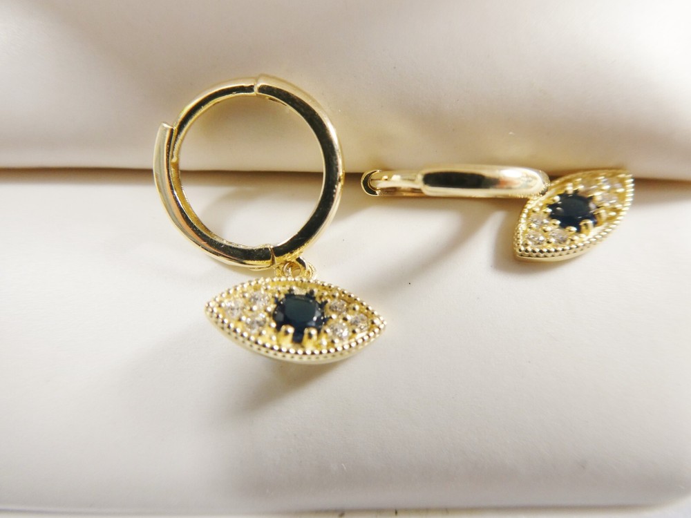 10K REAL SOLID YELLOW GOLD SAPPHIRE EVIL EYE DROPPING HOOP EARRING