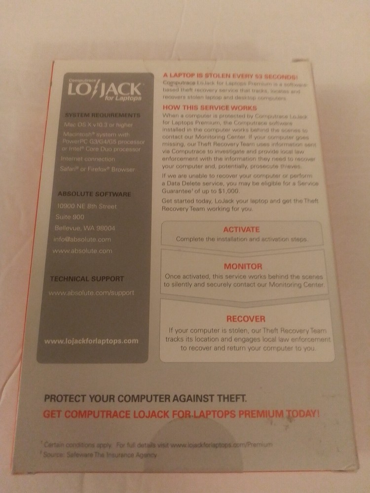 Computrace Lojack For Laptops Premium 1 Year Subscription Mac Version CD-ROM